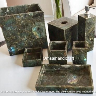 Labradorite Gemstone Bathroom Accessories – Complete 7-Piece Set Including Soap Dispenser, Vanity Tray, Tissue Holder, Home Decors
