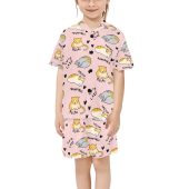 Cute Relaxing Cats V-Neck Short Pajama Set for Little Girls (Pink)