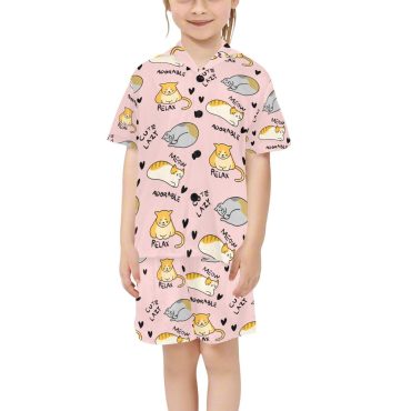 Cute Relaxing Cats V-Neck Short Pajama Set for Little Girls (Pink)
