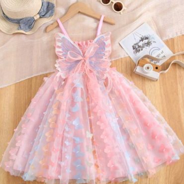 Gorgeous Princess Dress with 3D Butterfly Details – Rainbow Straps for Parties & Birthdays