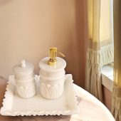 White Marble Bathroom Set – Handmade Soap Dispenser, Toothbrush Holder & Tray | Luxury Stone Vanity Accessories | Modern Minimalist Decor