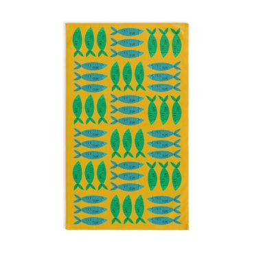 Slightly Subtle Sardine Green and Blue on Yellow Hand Towel, Fish Nautical Coastal Home Kitchen Bath Decor, Unique Gag Gift, Beach House