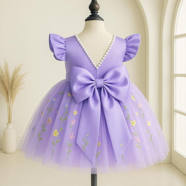 Lilac Floral Embroidered Tulle Flower Girl Dress, Wedding Girls Dress, Spring Flower Girl Dress, Summer Floral Dress for Girls