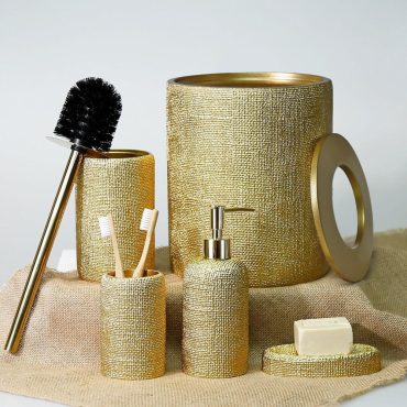 Natural 5 Pieces Bathroom Set in Gold Color with Dustbin, Toilet Brush, Soap Dispenser, Toothbrush Holder, Soap Tray