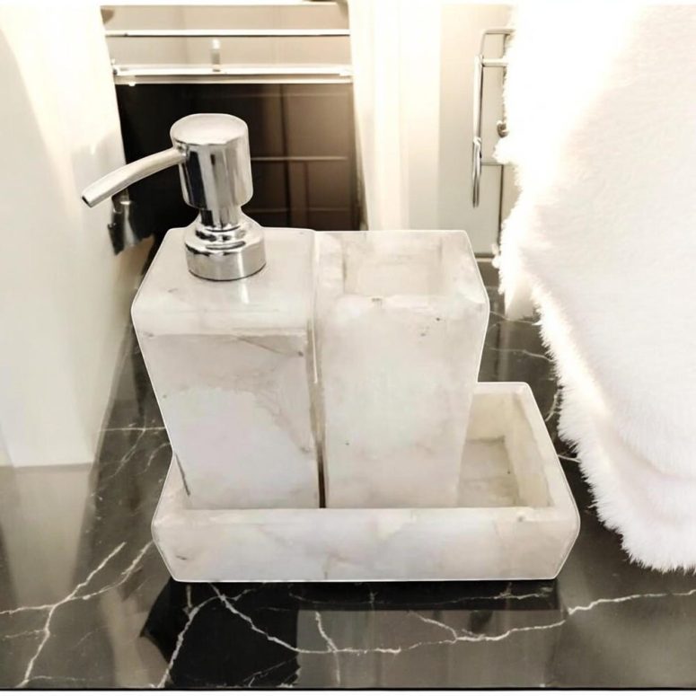 White Quartz Bathroom Set Quartz Crystal Set of 3 Pcs Handmade Luxury Home & Hotel Decorative