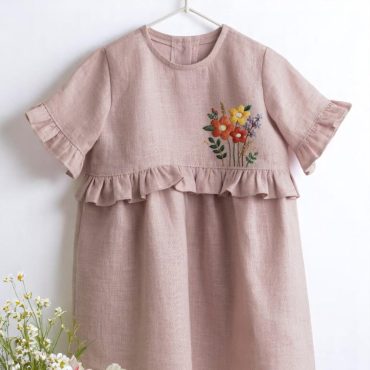 Custom Floral Ruffle Dress for Girls, Handmade Embroidery Dress, Girl Summer Dress, Hand Embroidered Linen Dress, First Birthday Girl Dress