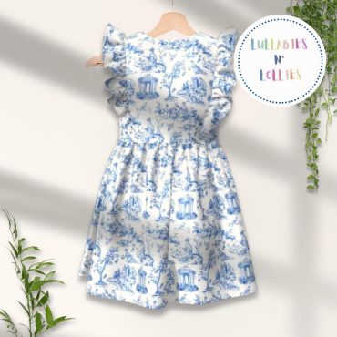 Blue and White Toile Ruffle Sleeve Girls Dress – Elegant Vintage-Inspired Outfit for Special Occasions & Everyday Chic, Chinoiserie Romper
