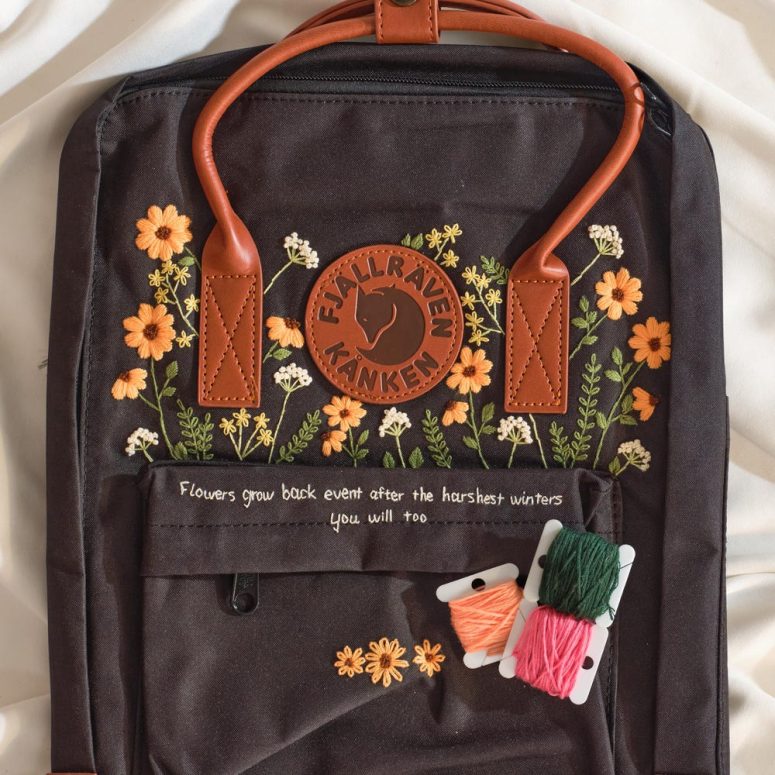 Sunflower Embroidered Kanken Backpack, Dandelion, Small Flower Embroidery Rucksack, Unique Custom Name Embroidered School Bag, Gift for Her