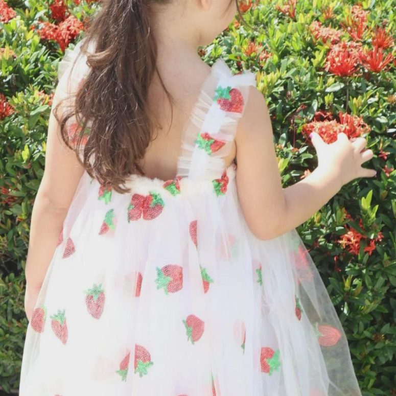 3m-6Y Strawberry tulle dress, White Dress with Multicolor Flowers, First birthday dress, Toddler photo dress, Summer dress Toddler