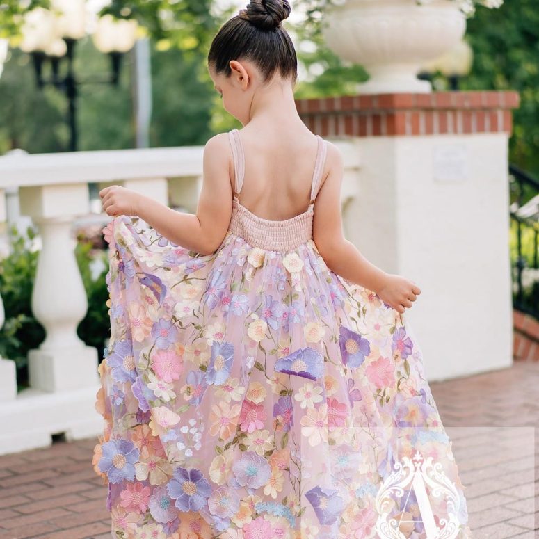 Pastel Pink 3D Floral Flower Girl Dress – Handmade Boho Birthday Dress – Wedding Outfit – Spring Garden Look