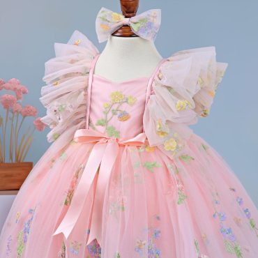 Dusty Pink Floral Embroidered Tulle Flower Girl Dress, Weeding Girls Dress, Spring Flower Girl Dress, Summer Floral Dress for Girls