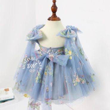 Dusty Blue 4 layers Flower Girl Dress Tutu Flower Party Dress, Enchanted Rose Fairy Floral Embroidery Dress, Tulle Dress, Boho 1st Birthday