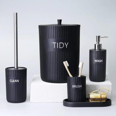 Grooved Bathroom Set / Luxury Bathroom Accessory Set with Trash can, Toilet brush, Soap Dispenser, Toothbrush Holder, Tray / Black Color