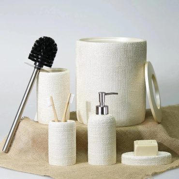 Natural 5 Pieces Bathroom Set in Pearl Color with Dustbin, Toilet Brush, Soap Dispenser, Toothbrush Holder, Soap Tray