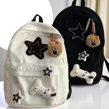 Y2K Corduroy Backpack for Teen Girls | Star Pattern School Bag | Large Capacity Laptop Bookbag | Cute Aesthetic Double Strap Rucksack,Travel