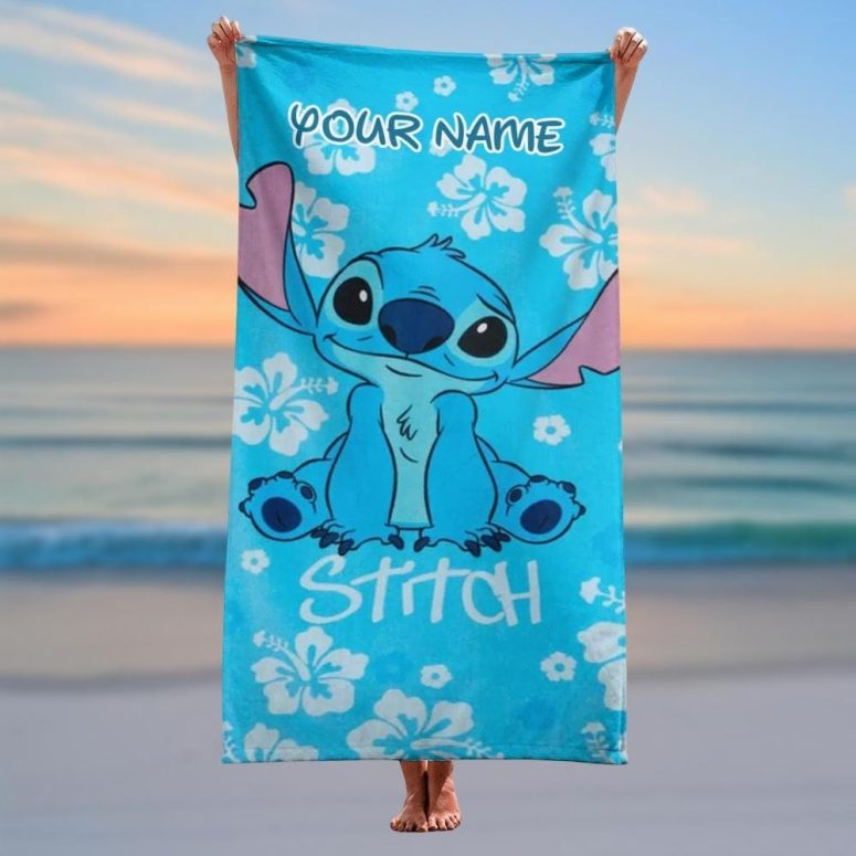 Personalized Stitch Beach Towel, Disneyland Bath Towel For Her, Cute Aloha Vacation Towel, Cartoon Towel, Lilo & Stitch Trip Gift Idea