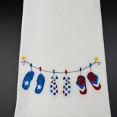 Patriotic Summer flip flops Memorial Day Fourth of July Labor Day Picnic flour sack towel. Machine embroidered.