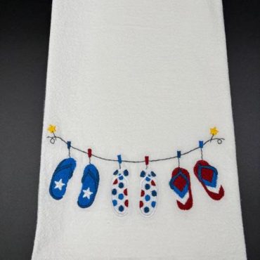 Patriotic Summer flip flops Memorial Day Fourth of July Labor Day Picnic flour sack towel. Machine embroidered.
