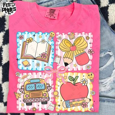 Preppy Back to School Floral Girly Png, School Bag, Book Pencil Bow Png, Back To School Png, Coquette First day Hand Drawn, Teacher Girl Png