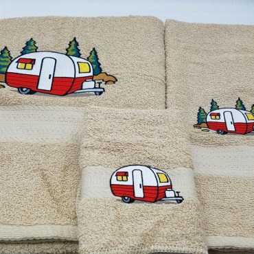 Retro Red Trailer - Embroidered Towels - Bath Sheet, Bath Towel, Hand Towel and Washcloth - Pick Towel Color - Order Set or Individually