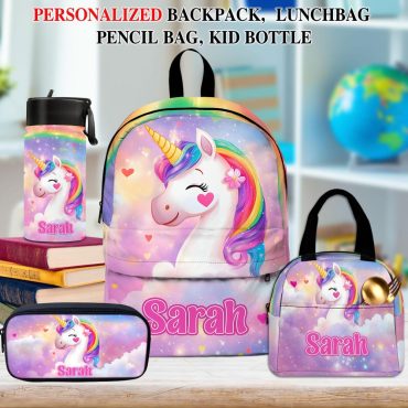 Custom Unicorn Backpack, Lunch Bag, Pencil Bag, Water Bottle For Kids, Back To School Gift For Girls, School Bags For Children & Toddlers
