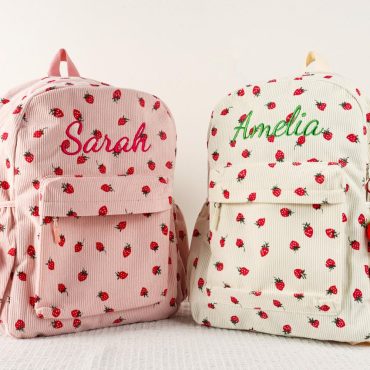 Custom Strawberry Name Backpack, Personalized School Bag For Her, Toddler Embroidered Name Backpack, Personalized Corduroy Backpack For Her