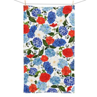 Summer Hand Towels, Coastal Floral Bathroom Towels, Blue Hydrangea Hand Towels, Summer Bathroom Decor, Red White Blue Hand Towel Flowers