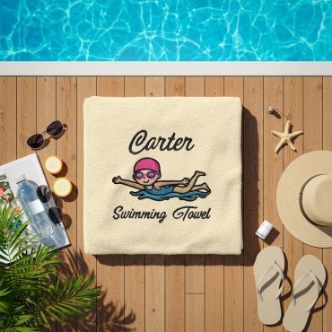 Personalised Swimming Towel – Custom Embroidered Name with Swimming Design – Beach & Pool Towel for Swimmers