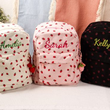Custom Strawberry Name Backpack, Personalized School Bag For Her, Toddler Embroidered Name Backpack, Personalized Corduroy Backpack For Her