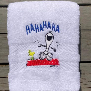 Laughing Beagle Dog & Bird Embroidered Towel – HAHAHAHA in Blue – Red Doghouse Design – 100% Cotton White Hand Towel – Whimsical Gift