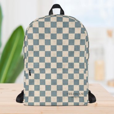 Dusty Blue Checkered Backpack – Neutral Retro School Bag with Laptop Pocket