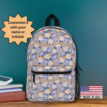 Blue Daisy Monster Backpack - Cute Cartoon School Bag with Orange Bow Accents