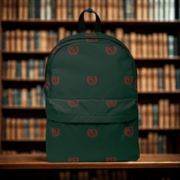 Dark Green Crest Backpack | Preppy School Bag for Teens | Back to School Backpack | Bookbag with Red Monogram Logo