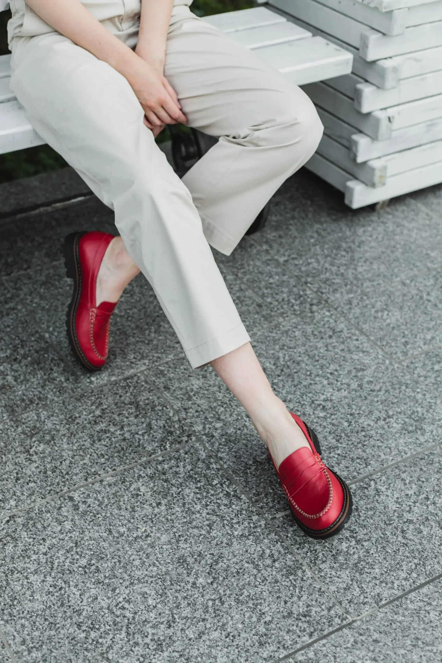 Red Penny Loafer Women Shoes, Flat Red Leather Loafers