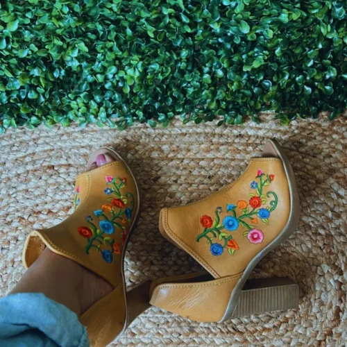 Leather Mexican Embroidery Open Toe Boots Mexican Style