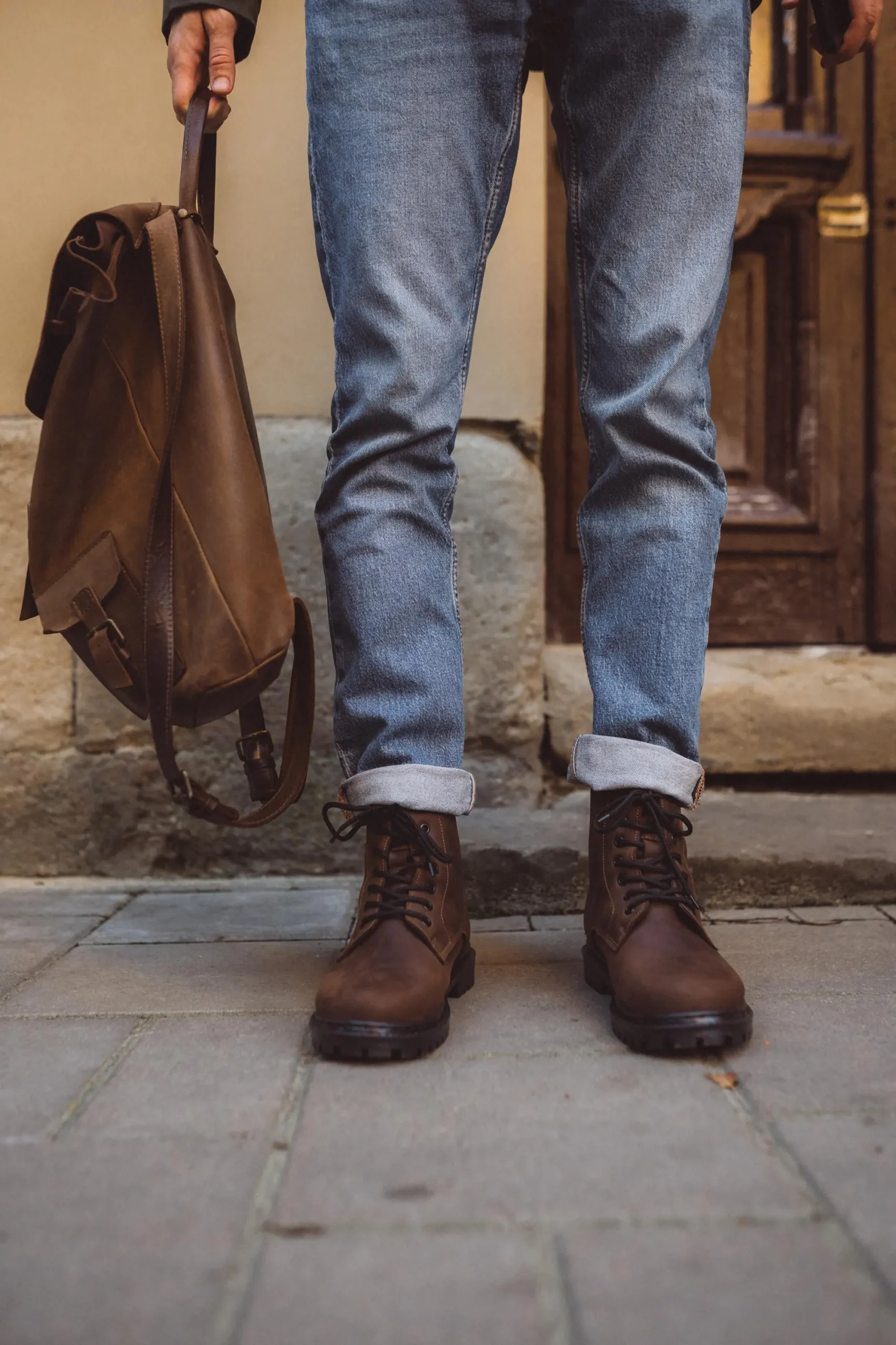 Mens Brown Leather Work Boots Fur Lined Combat