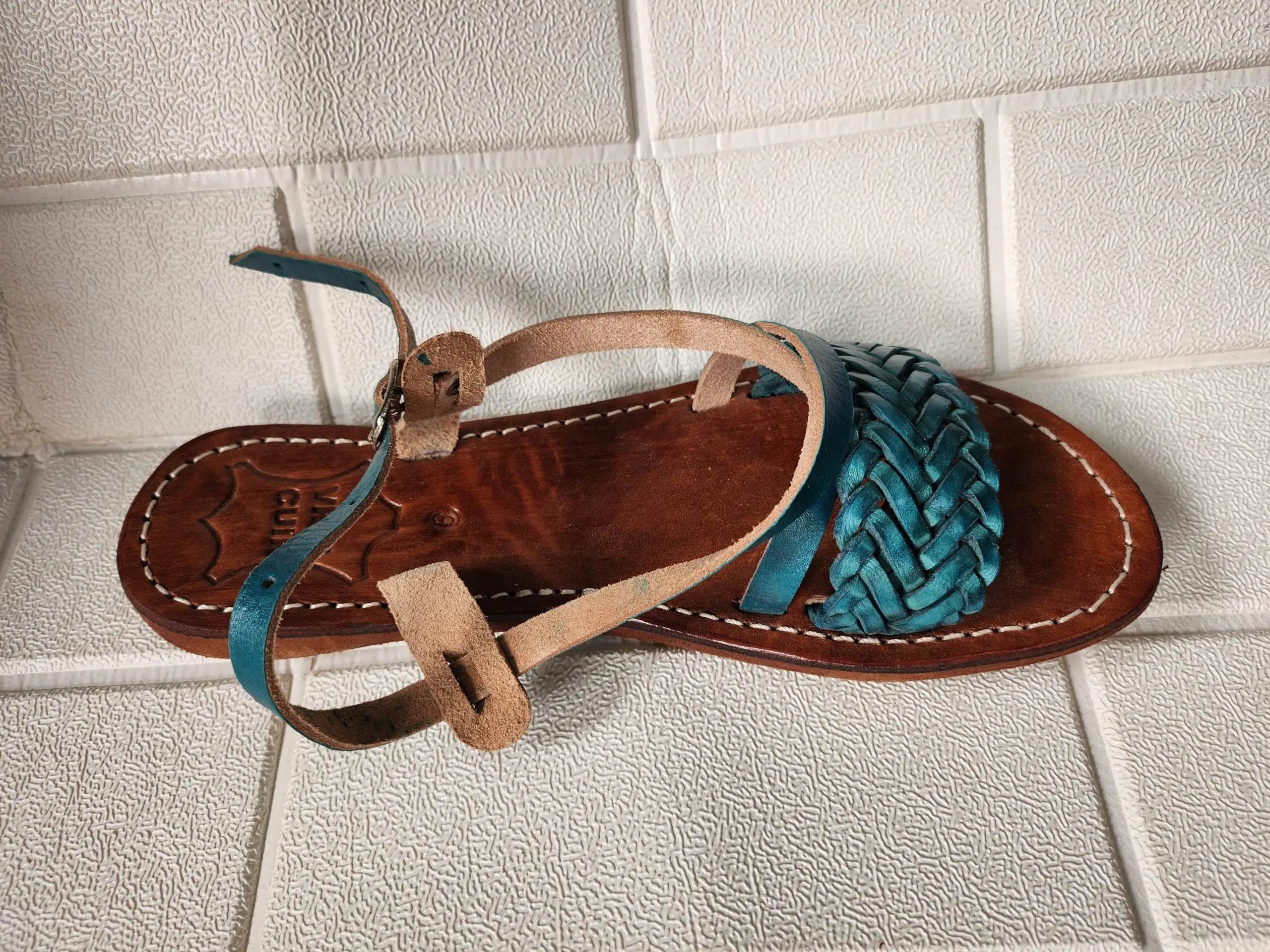 Women’s Turquoise Braided Moroccan Leather Slides
