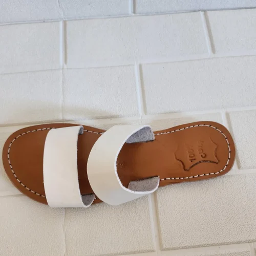 Women’s White Double Strap Moroccan Leather Slides